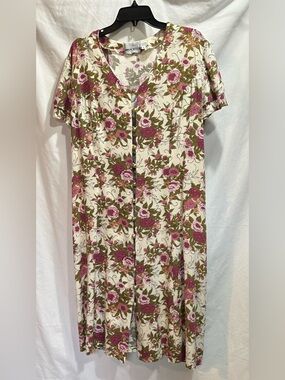 Caroline Wells Collection Floral Button-Up Dress in Cream with Pink & Olive